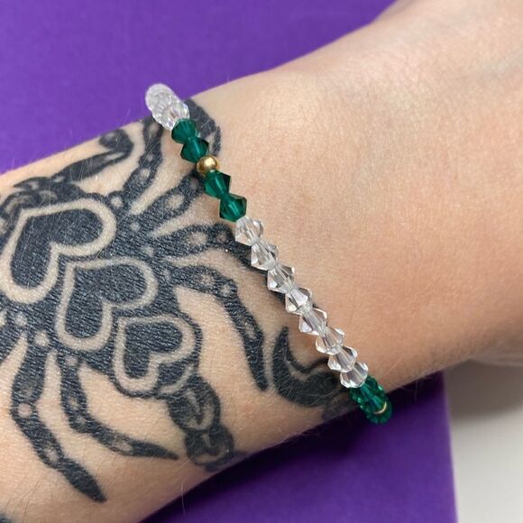 💛 Vintage 14k Gold & Green/White Austrian Crystal Stacking Bracelet - Picture 2 of 4